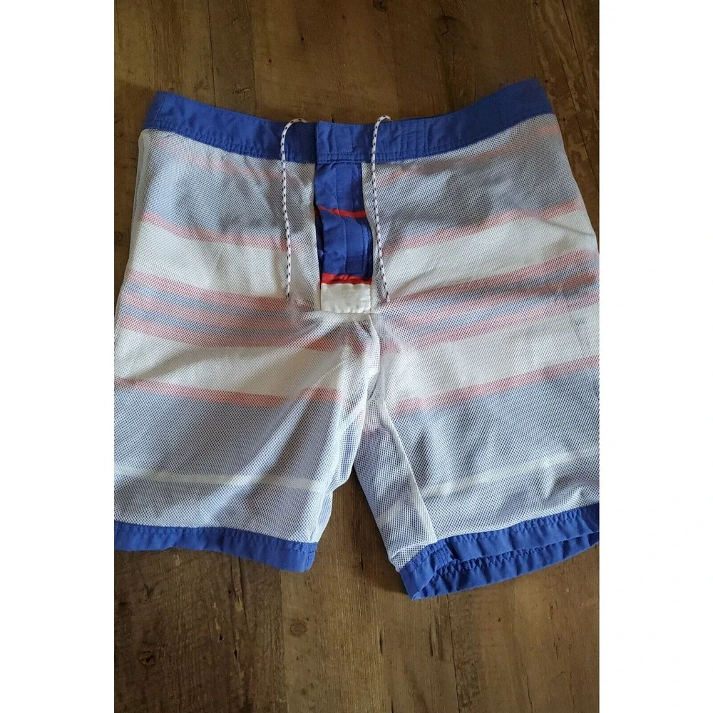 J. Crew Men's Size 32 Board Shorts Swim Trunks Blue Red Striped Mesh Lined